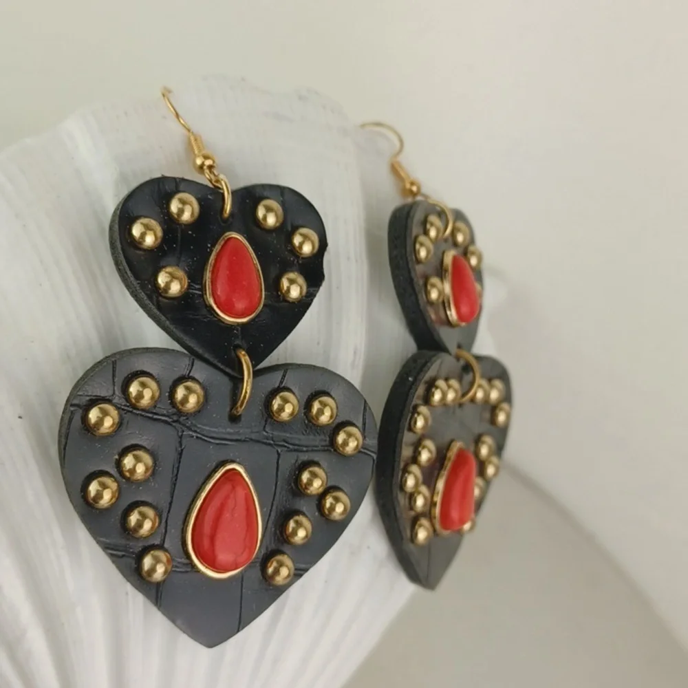 Red Stone Brassy Gold Studded Black Leather DBL Drop Super Cool Heart Earrings